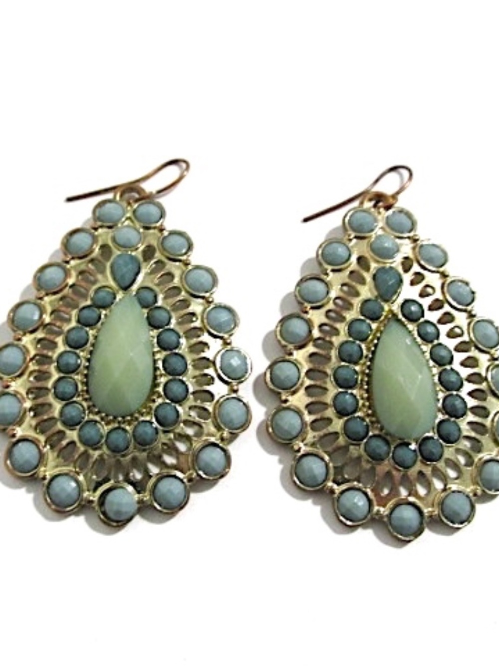 Large Gold Tone Tear Drop Turquoise Studded Earrings